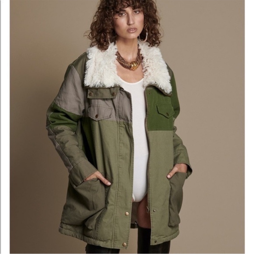 One Teaspoon Green Patchwork Twill Utility Defender Sherpa Fur Lined Coat